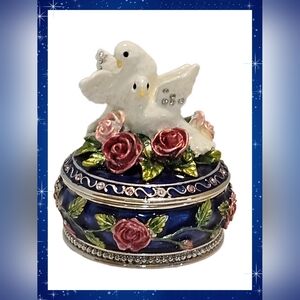 Bejeweled White Dove And Pink Roses Trinket Box